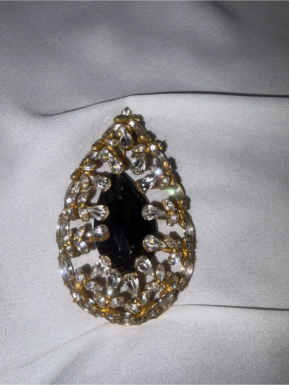 Vintage signed BRANIA Large Black & Clear Rhinestone Statement Brooch Gold Tone